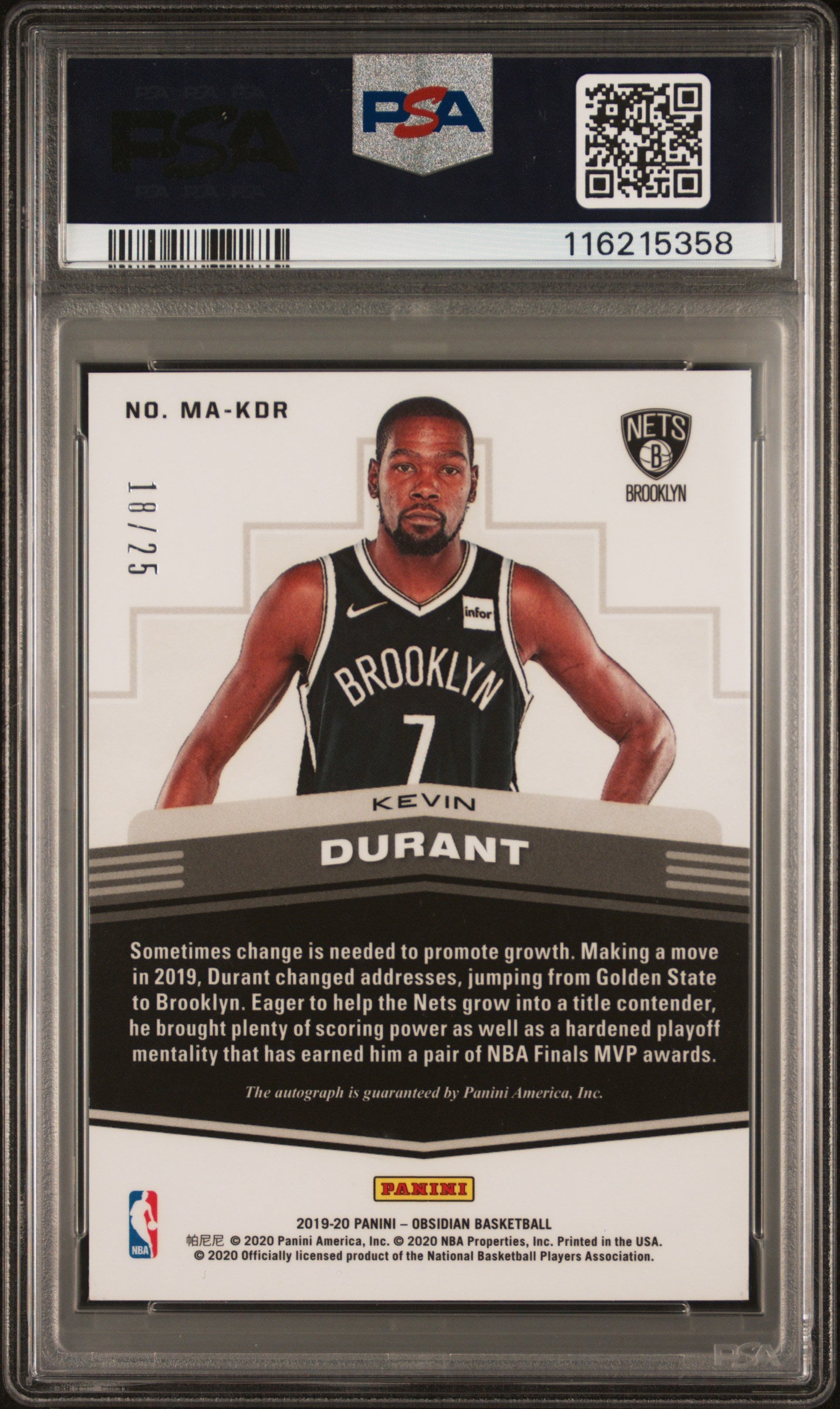 2019 Panini Obsidian Matrix Autographs Kevin Durant #MAKDR PSA 9