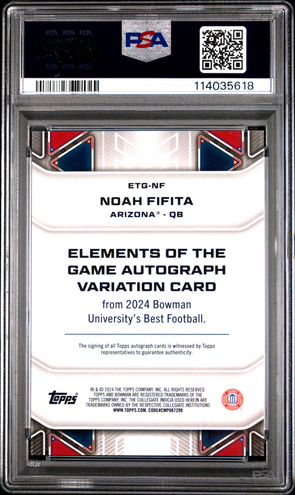 2024 Bowman Best University Elements Of The Game Autographs Noah Fifita Eotg Orange Geometric #NF 07/25 PSA 9