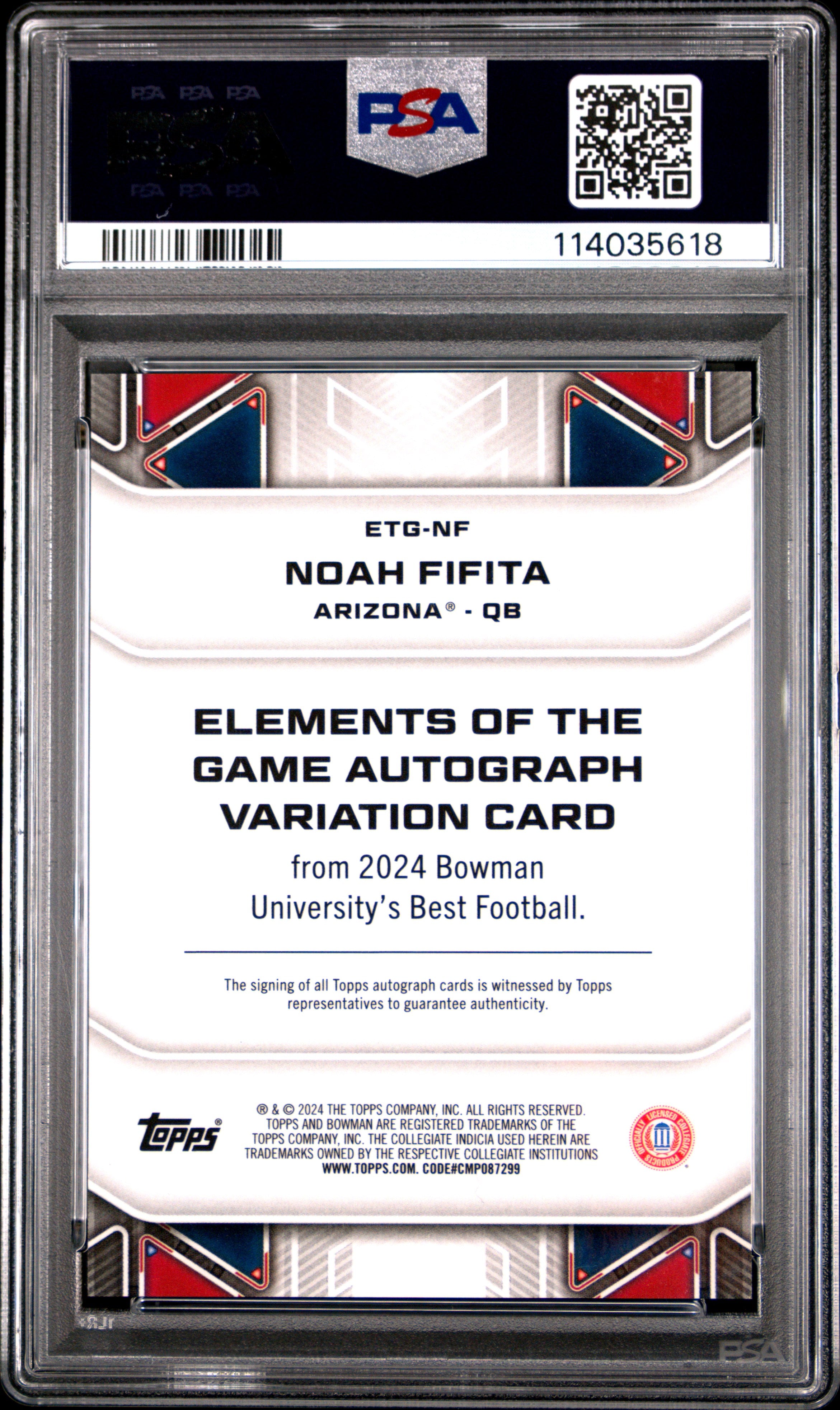 2024 Bowman Best University Elements Of The Game Autographs Noah Fifita Eotg Orange Geometric #NF 07/25 PSA 9