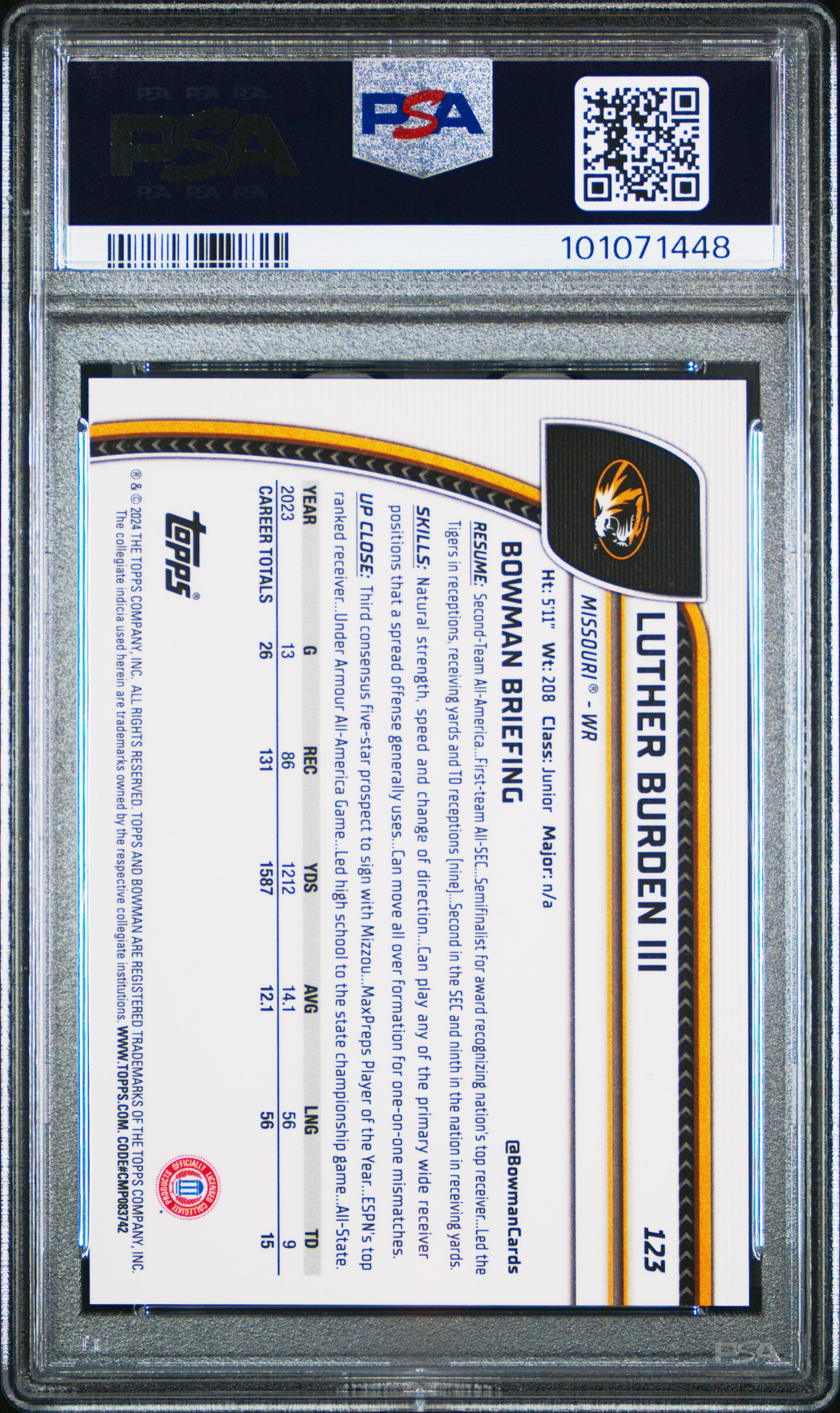 2024 Bowman University Chrome Luther Burden III Fuchsia Refractor #123 PSA 10