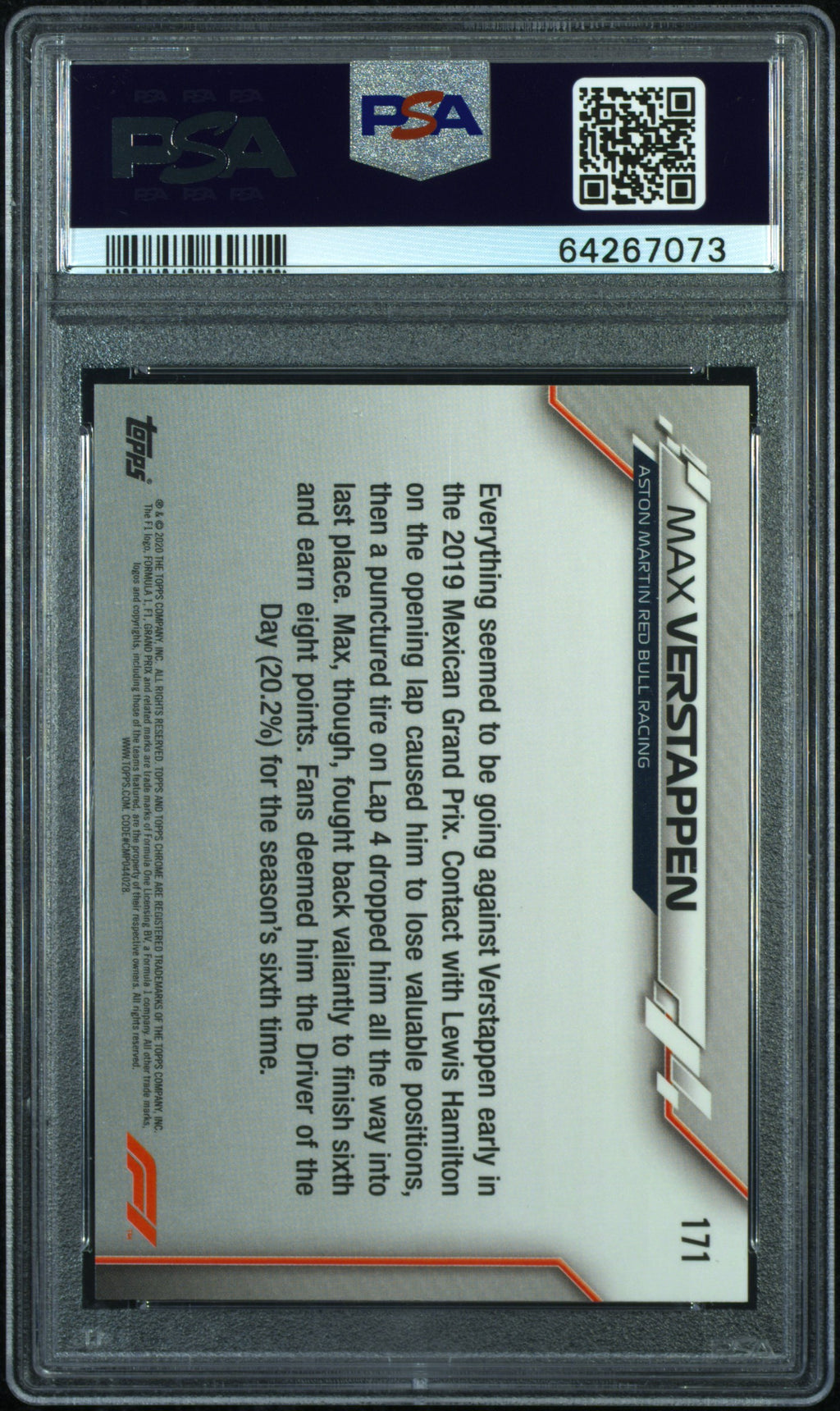 2020 Topps Chrome Formula 1 Max Verstappen 70th Anniversary Orange #171 PSA 9