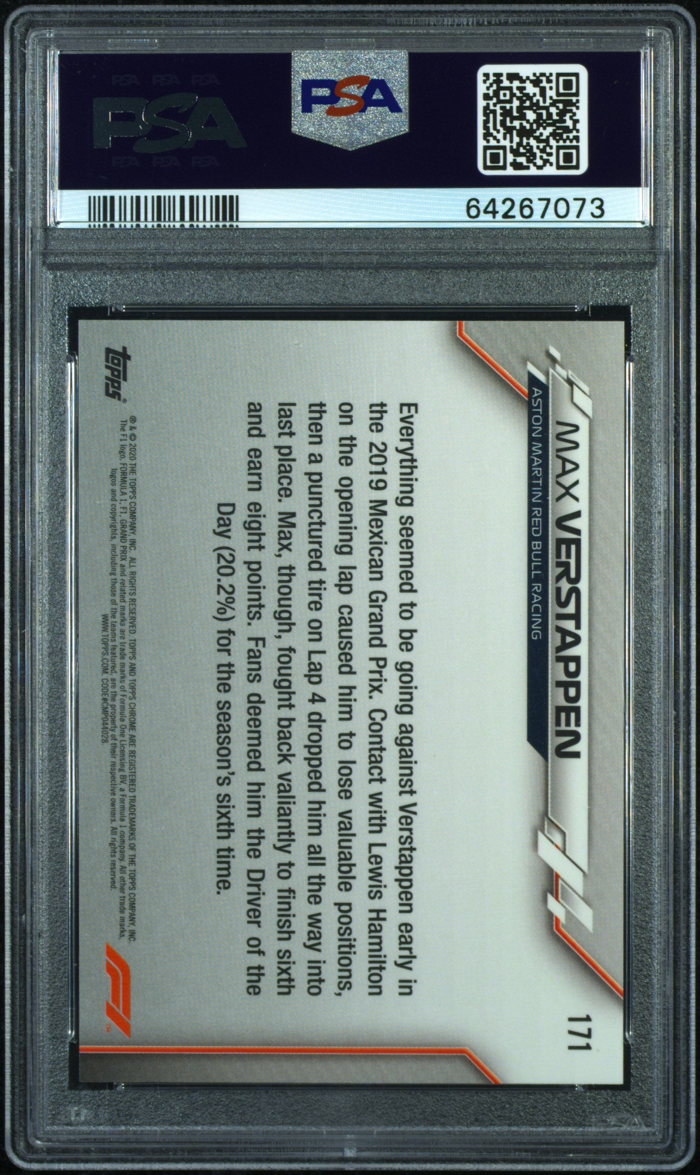 2020 Topps Chrome Formula 1 Max Verstappen 70th Anniversary Orange #171 PSA 9