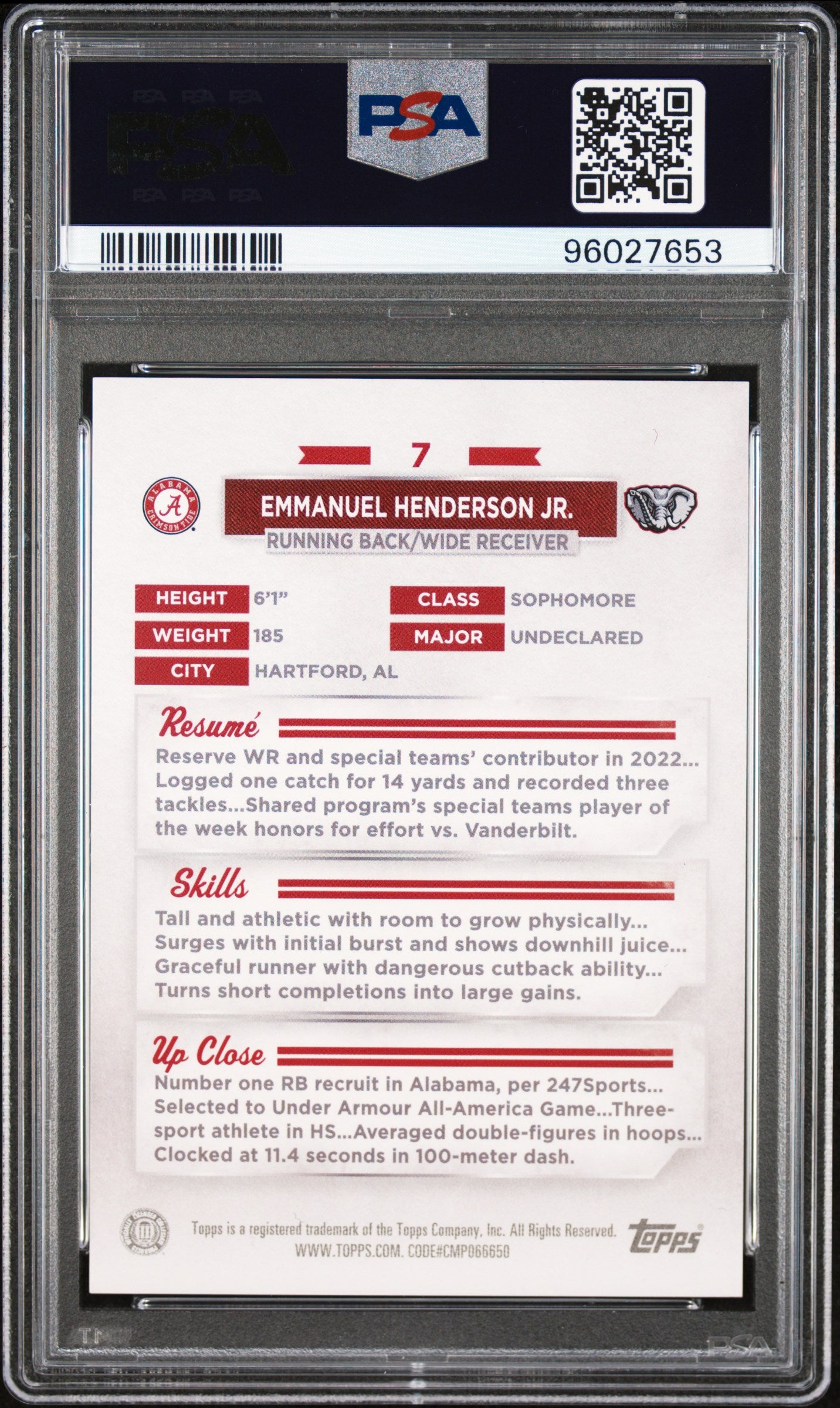 2023 Bowman University Alabama E. Henderson JR. Red #7 PSA 9