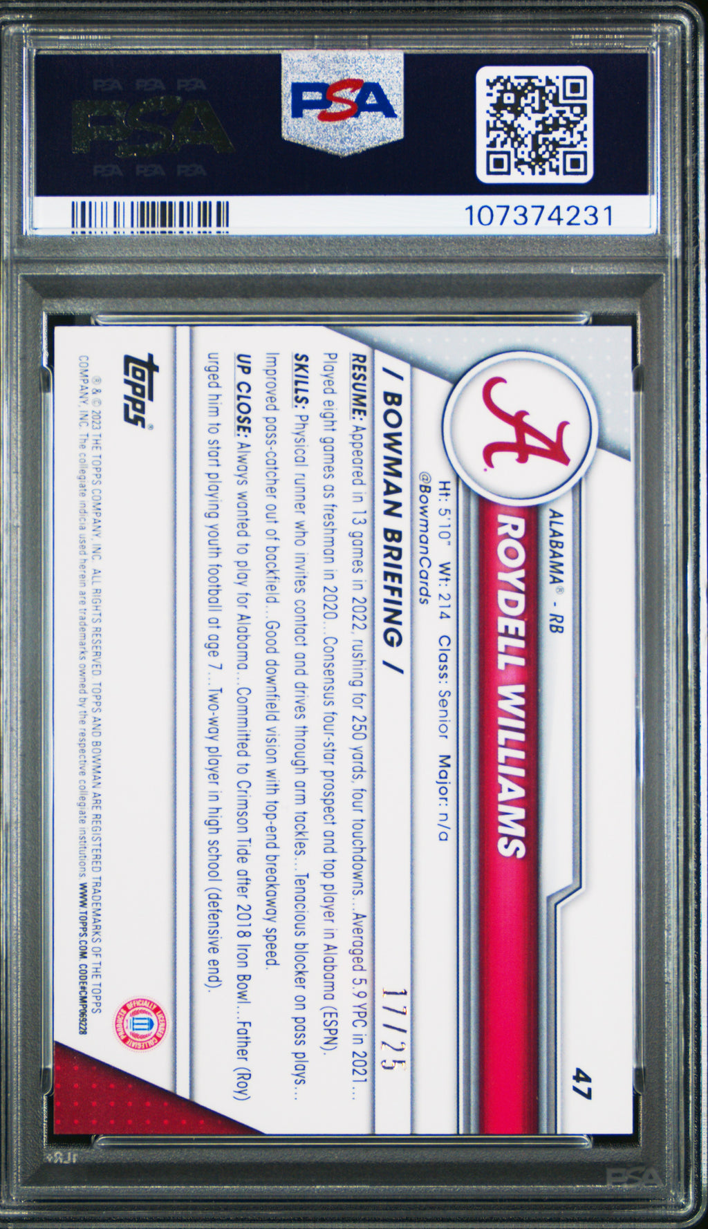 2023 Bowman University Chrome Sapphire Roydell Williams Orange #47 PSA 10