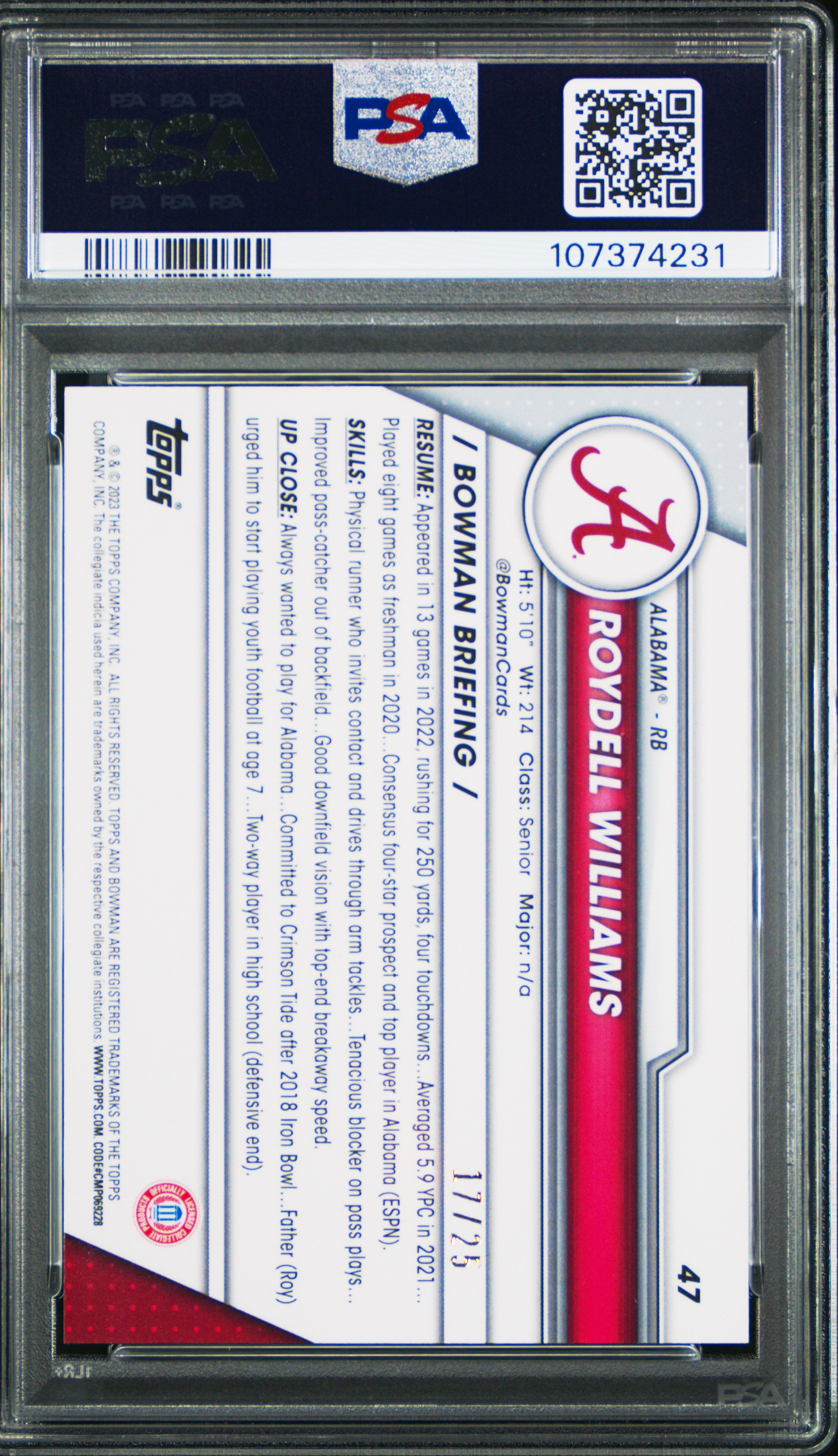 2023 Bowman University Chrome Sapphire Roydell Williams Orange #47 PSA 10