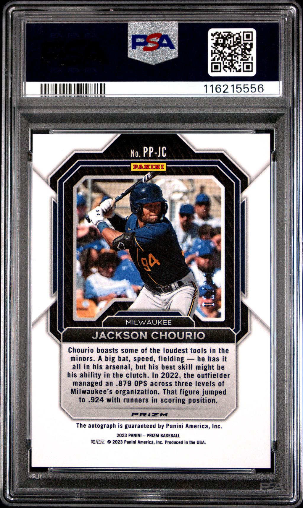 2023 Panini Prizm Potential Penmanship Jackson Chourio GLD #PPJC PSA 9