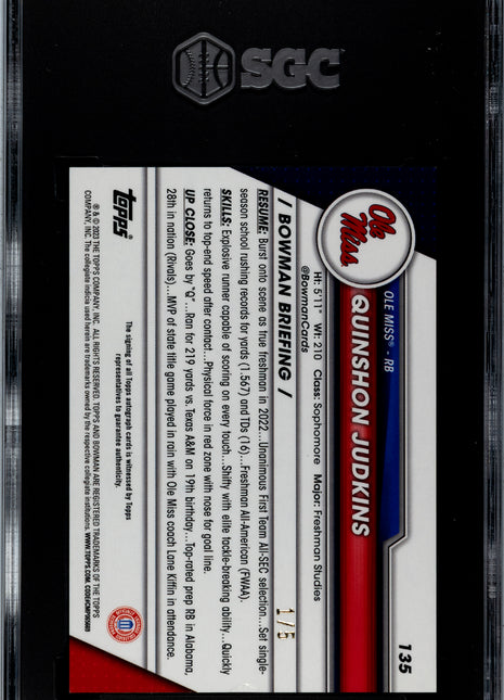 2023 Bowman Chrome University Quinshon Judkins Red Shimmer Auto Red /5 SGC 9/10