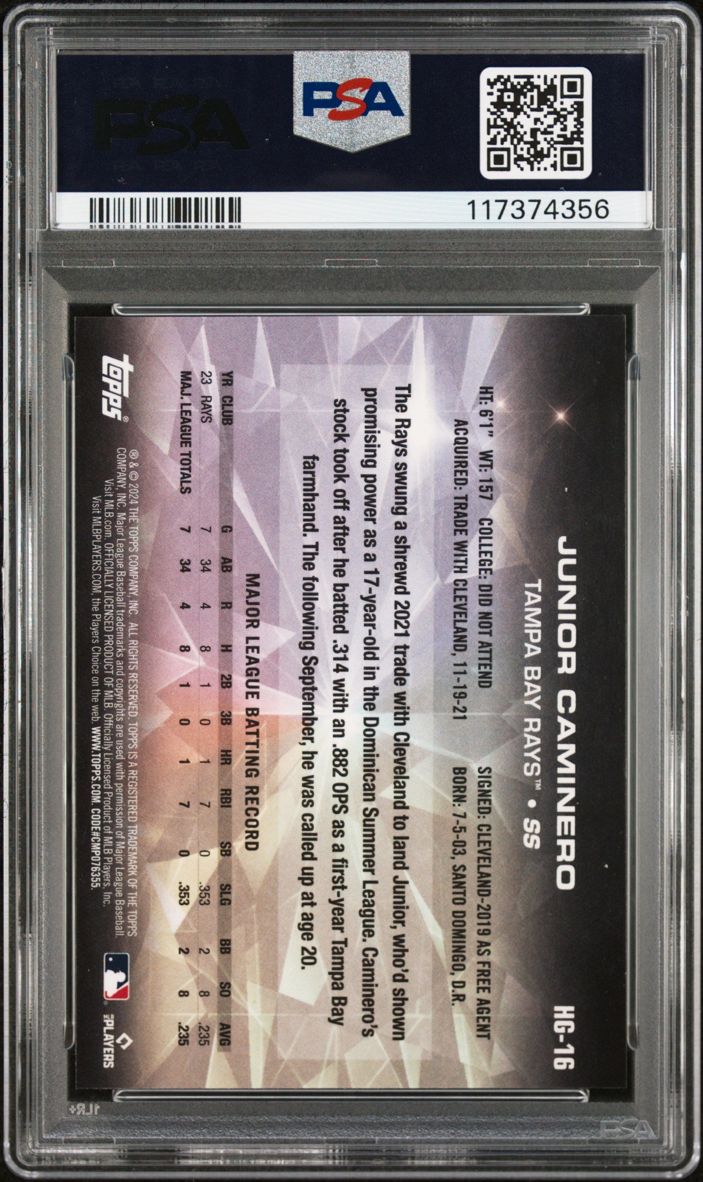 2024 Topps Hidden Gems Junior Caminero #HG16 PSA 10
