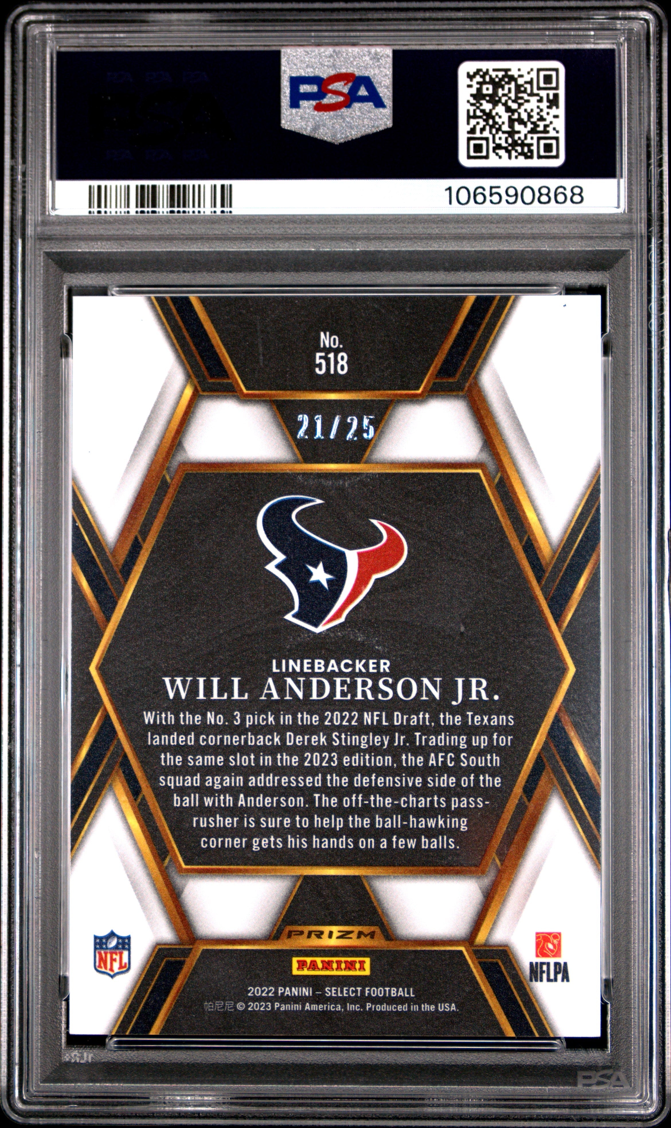 2022 Panini Select Will Anderson JR. Tie Dye Prizm #518 PSA 9