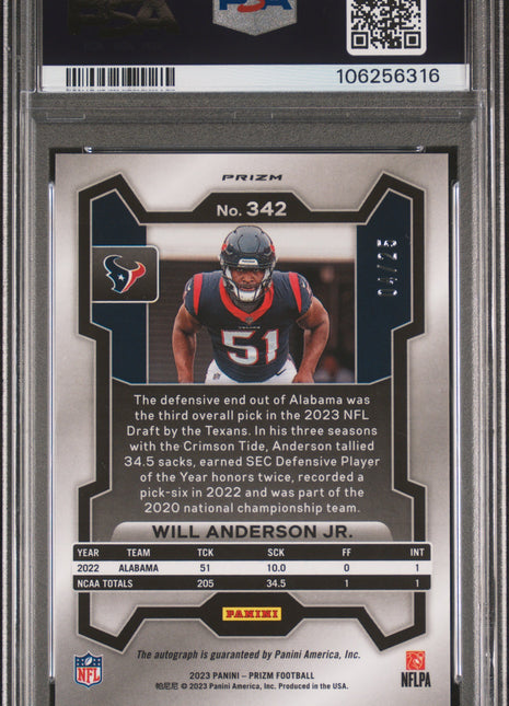 2023 Panini Prizm Will Anderson JR. Autograph Camo #342 PSA 10