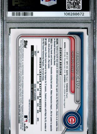 2024 Bowman Chrome Prospects Fernando Cruz Yellow Ref #BCP197 45/75 PSA 9