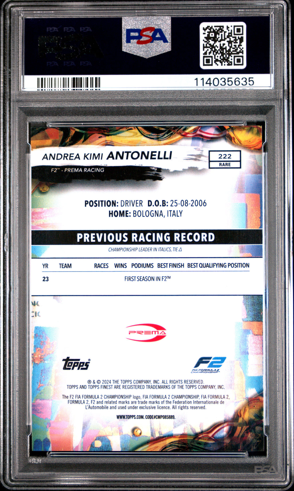 2024 Topps Finest Formula 1 Andrea Kimi Antonelli Blue Refractor #222 38/99 PSA 9