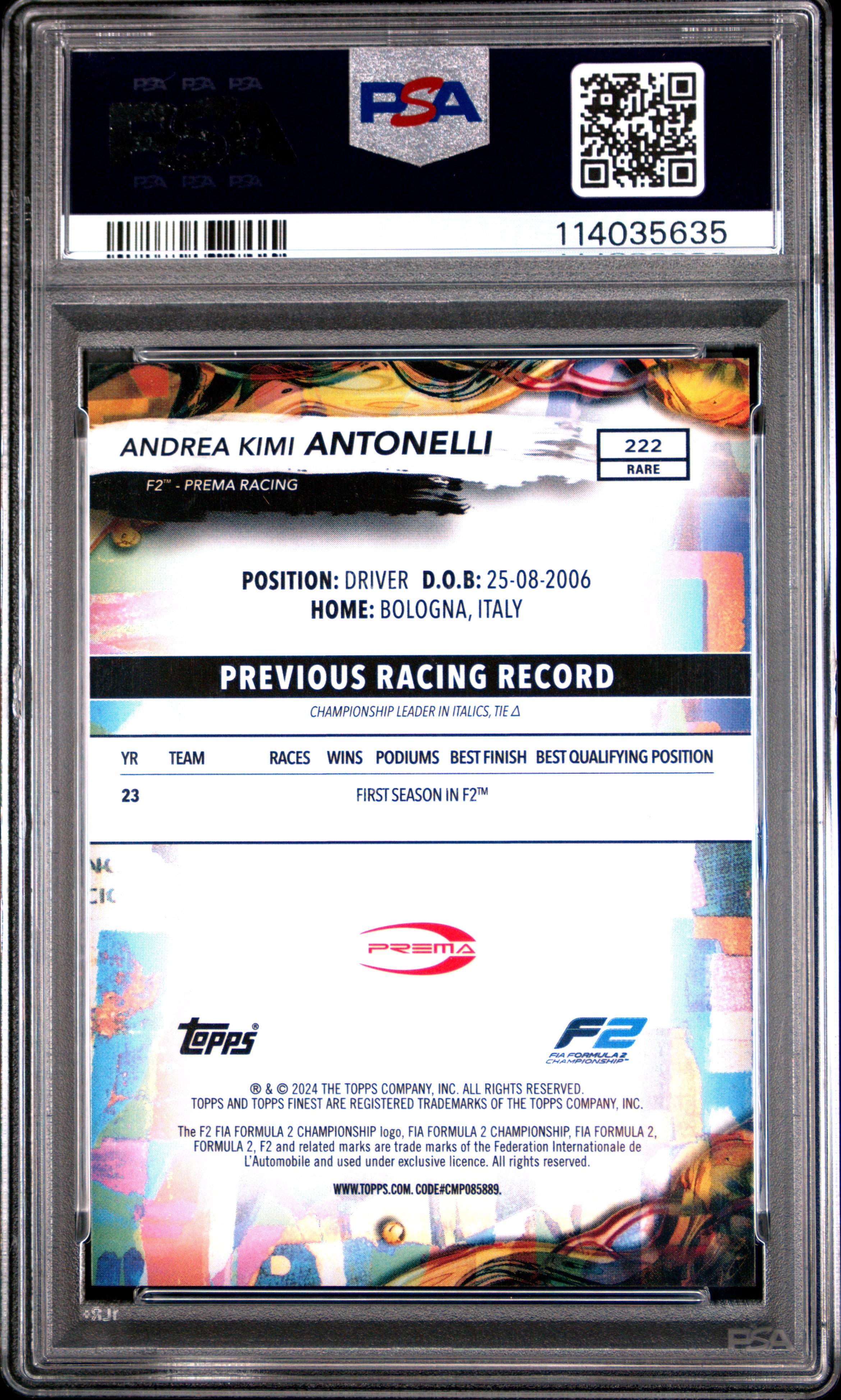 2024 Topps Finest Formula 1 Andrea Kimi Antonelli Blue Refractor #222 38/99 PSA 9