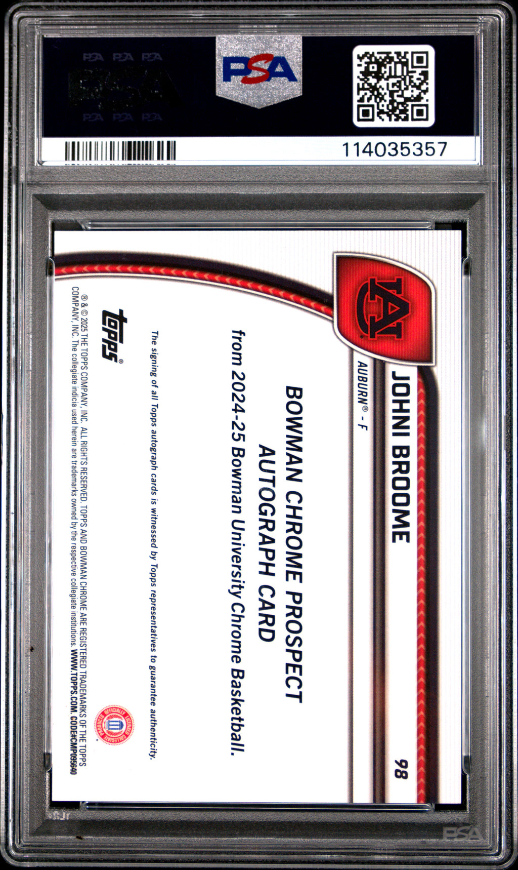 2024 Bowman Chrome University Johni Broome Au BLK & White Stealth Ref #98 PSA 9