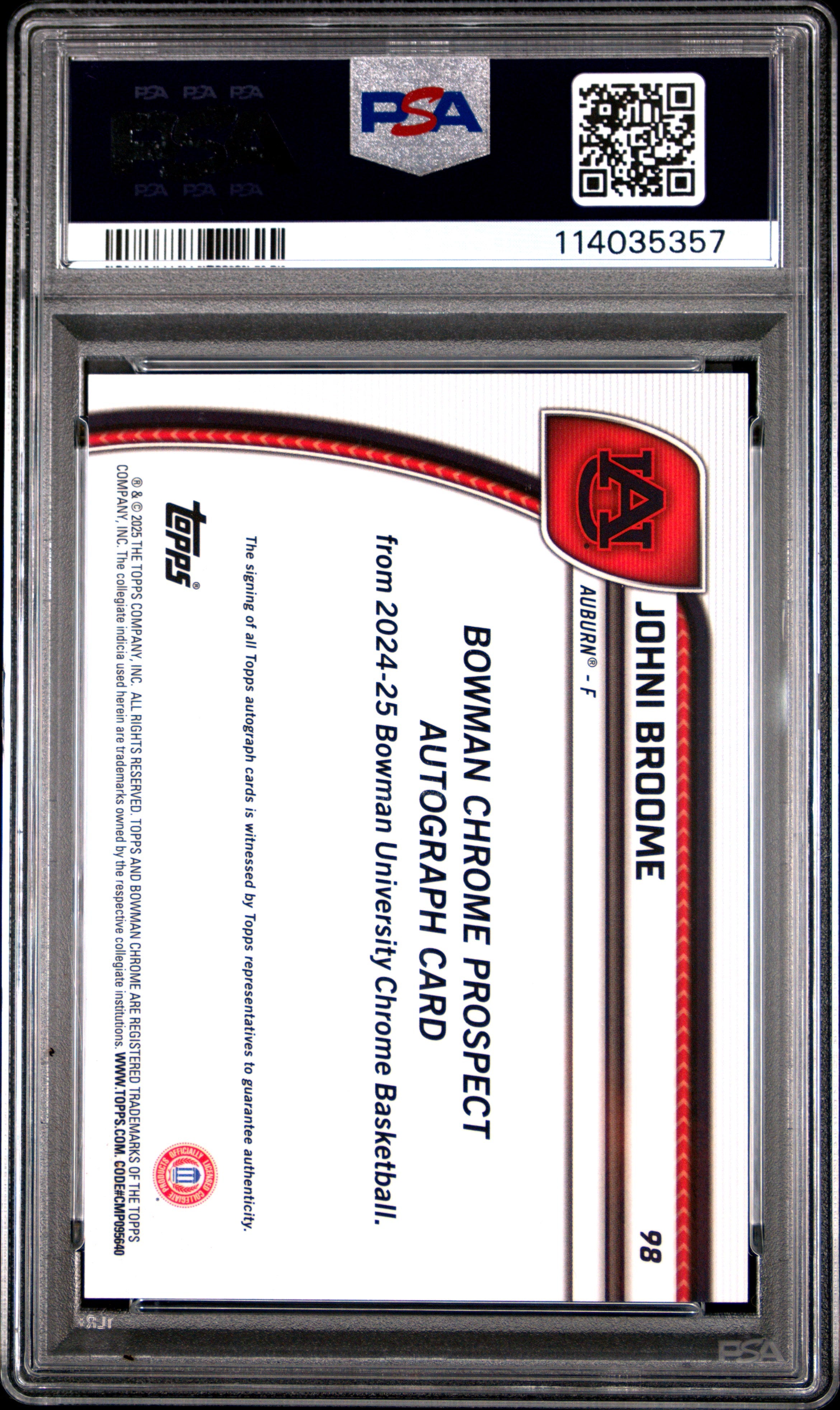 2024 Bowman Chrome University Johni Broome Au BLK & White Stealth Ref #98 PSA 9