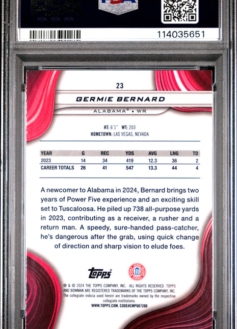 2024 Bowman Best University Germie Bernard Aqua Refractor #23 032/225 PSA 10