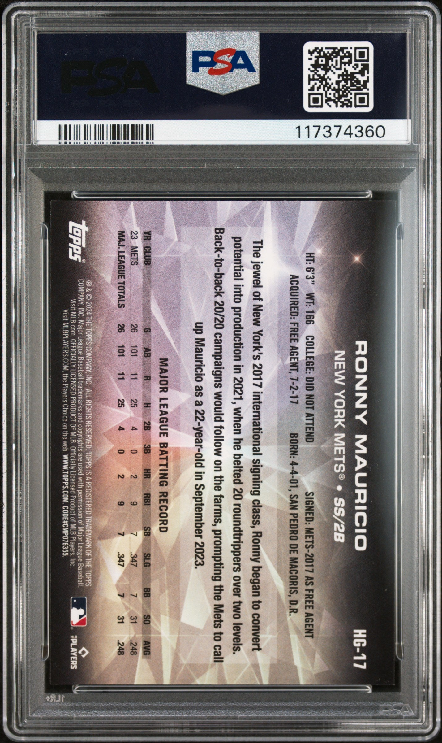 2024 Topps Hidden Gems Ronny Mauricio #HG17 PSA 8
