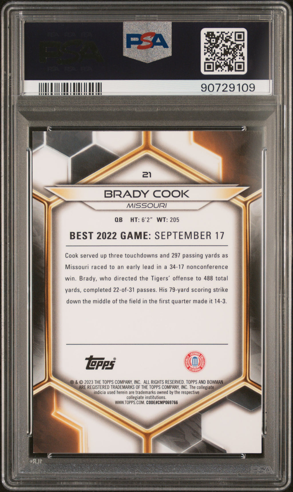 2023 Bowman University Best Brady Cook Gold #21 PSA 9