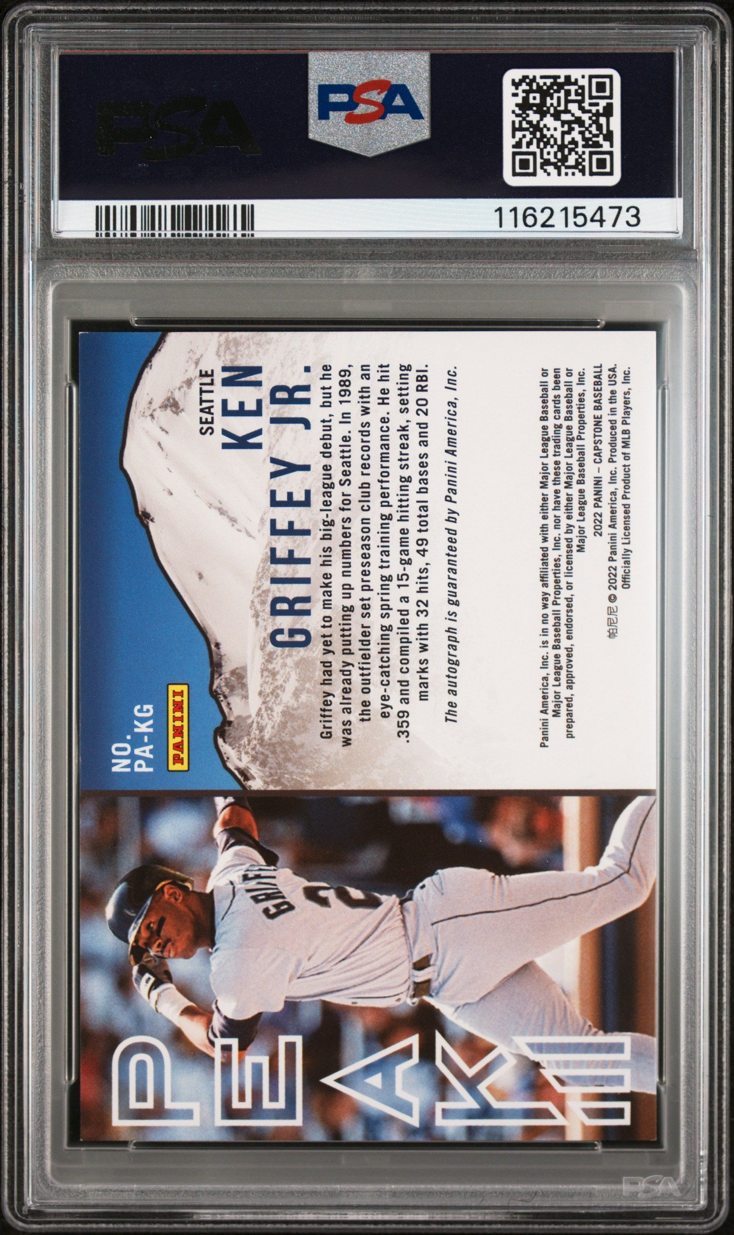 2022 Panini Capstone Peak Autographs Ken Griffey JR. #PAKG PSA 8