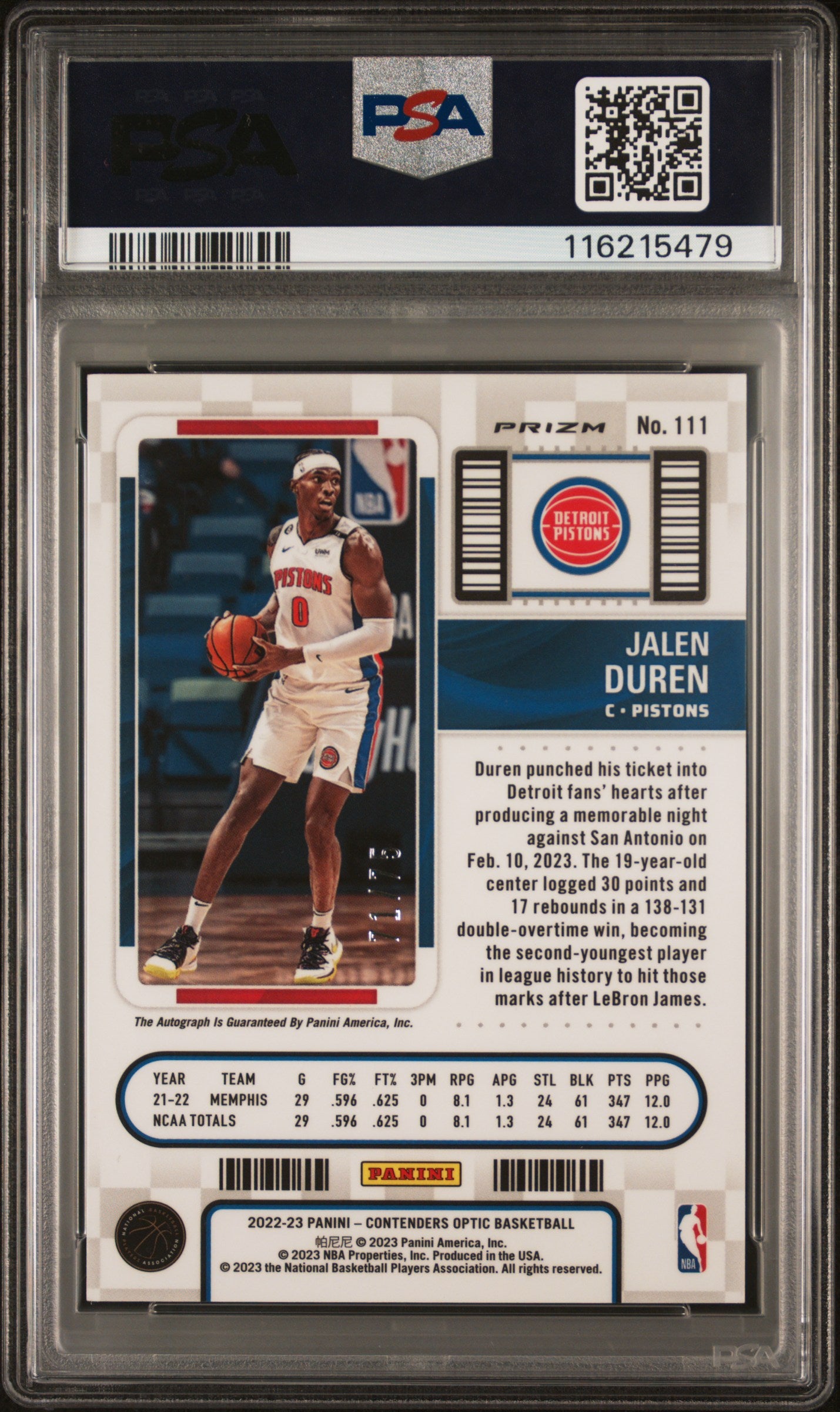 2022 Panini Contenders Optic Jalen Duren Autograph Green #111 PSA 8