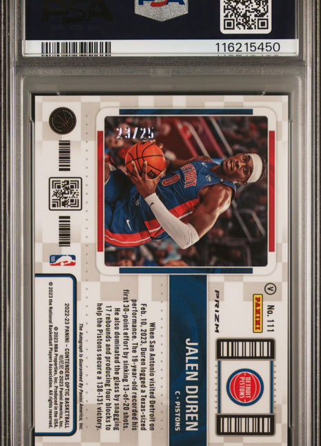 2022 Panini Contenders Optic Jalen Duren Variation Auto Orange #111 PSA 9