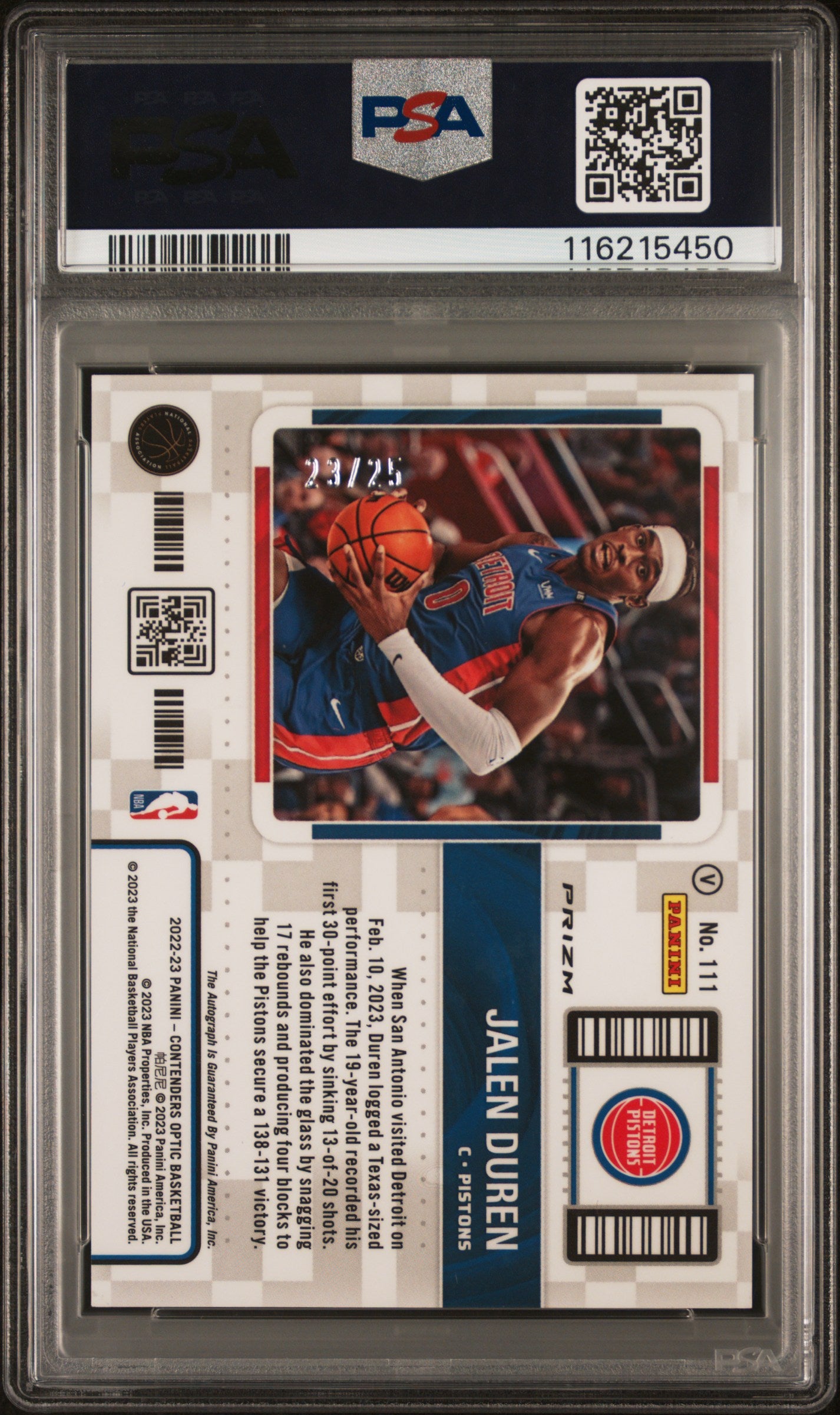 2022 Panini Contenders Optic Jalen Duren Variation Auto Orange #111 PSA 9