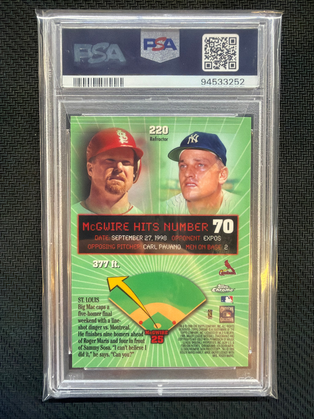 1999 Topps Chrome Mark McGwire Home Run #70 Refractor #220 PSA 9