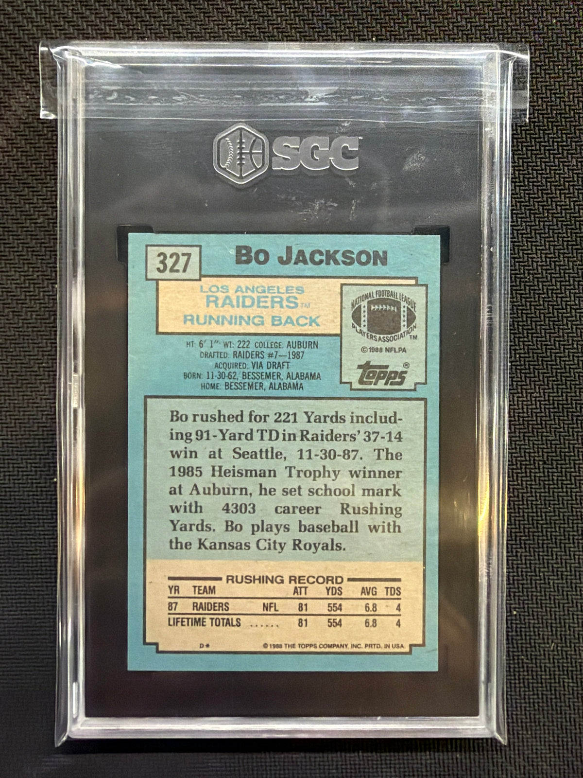 1988 Topps Bo Jackson #327 SGC 8.5 Raiders