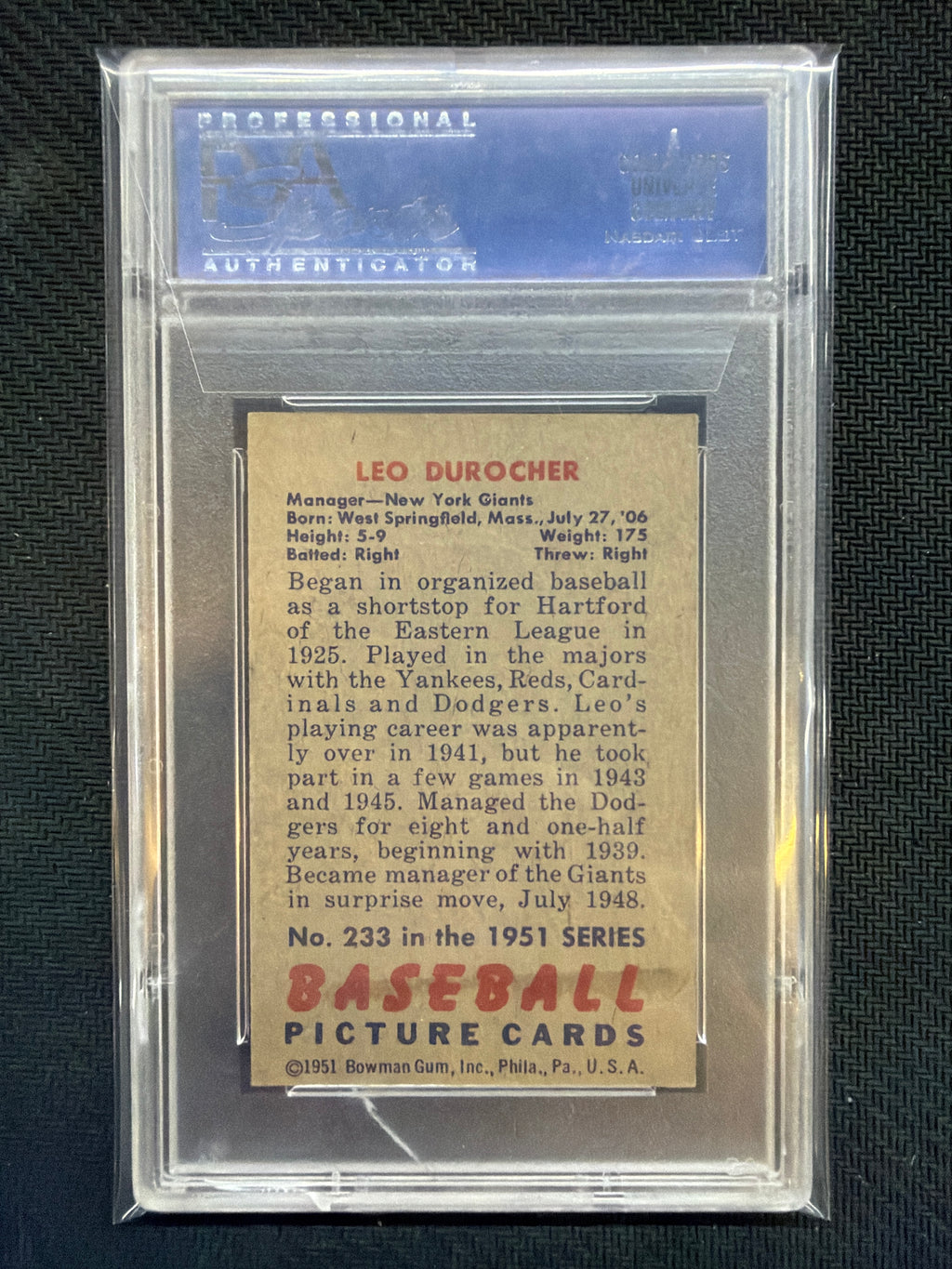 1951 Bowman Leo Durocher #233 PSA 7 (MC) Cracked Slab