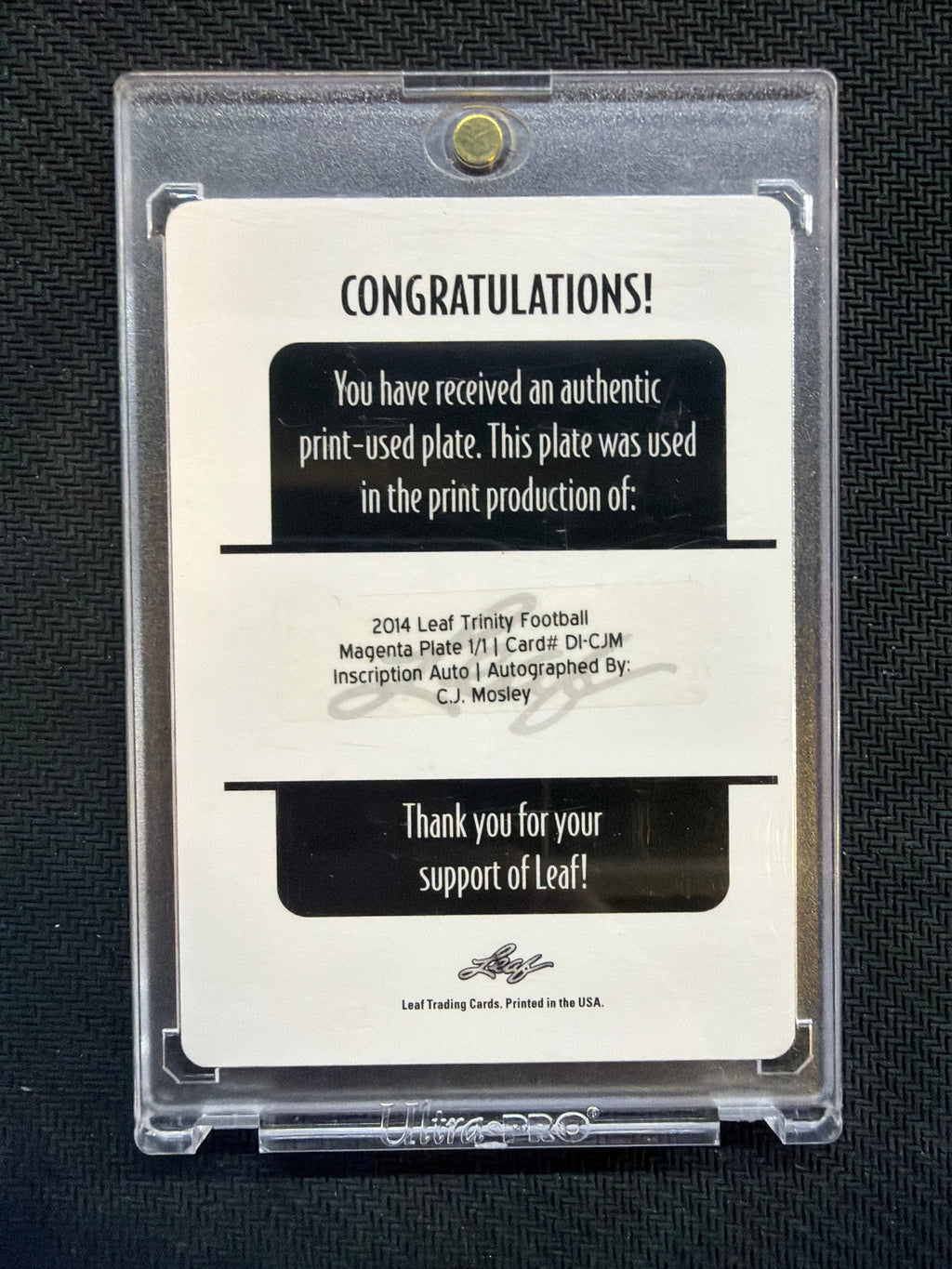 2014 Leaf Trinity Football CJ Mosley 1/1 Printing Plate Auto