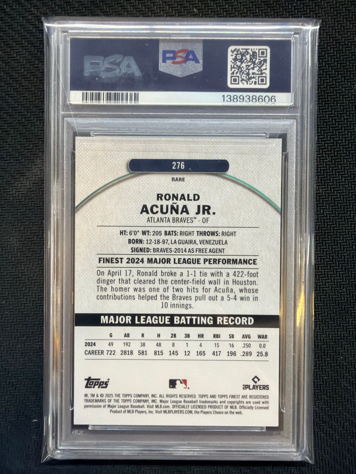 2025 Finest Ronald Acuna Jr Gold Refractor /20 #276 PSA 10 Braves