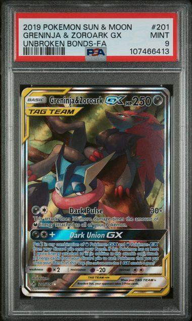 2019 Pokemon Unbroken Bonds Greninja & Zoroark GX PSA 9