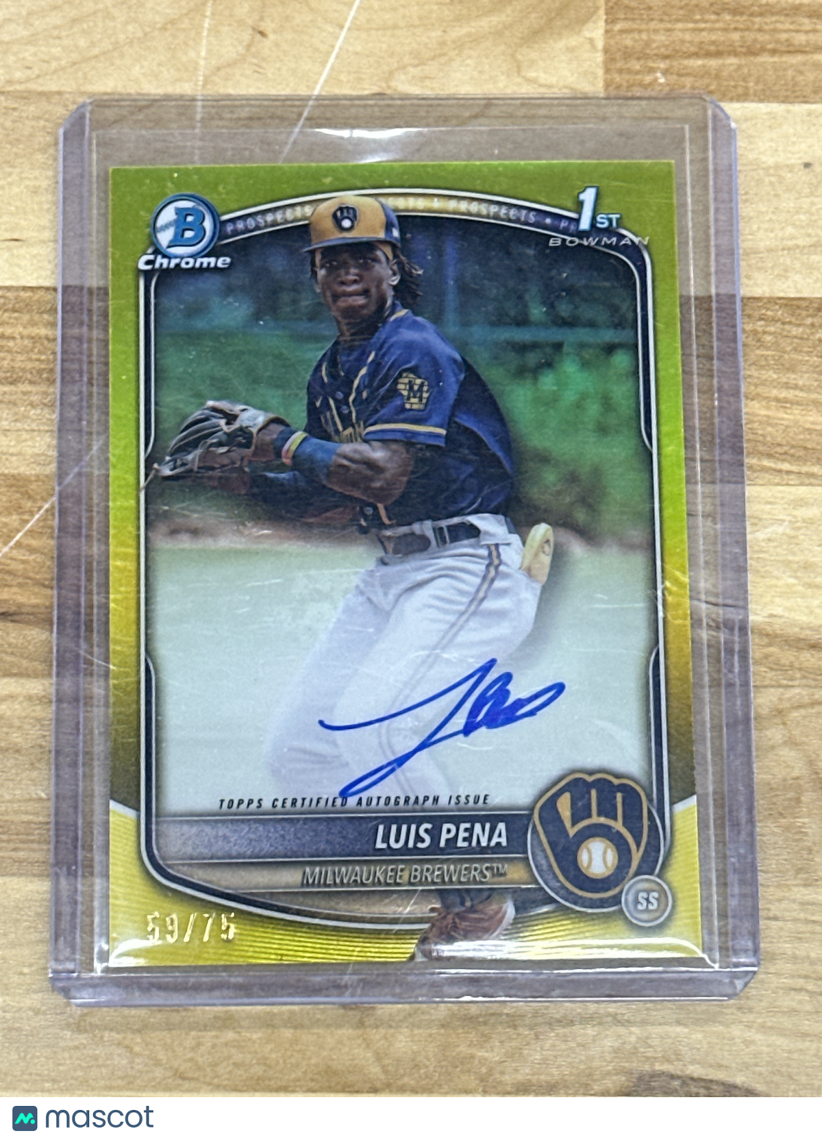 2025 Bowman Luis Pena Yellow 1st Auto /75 Brewers