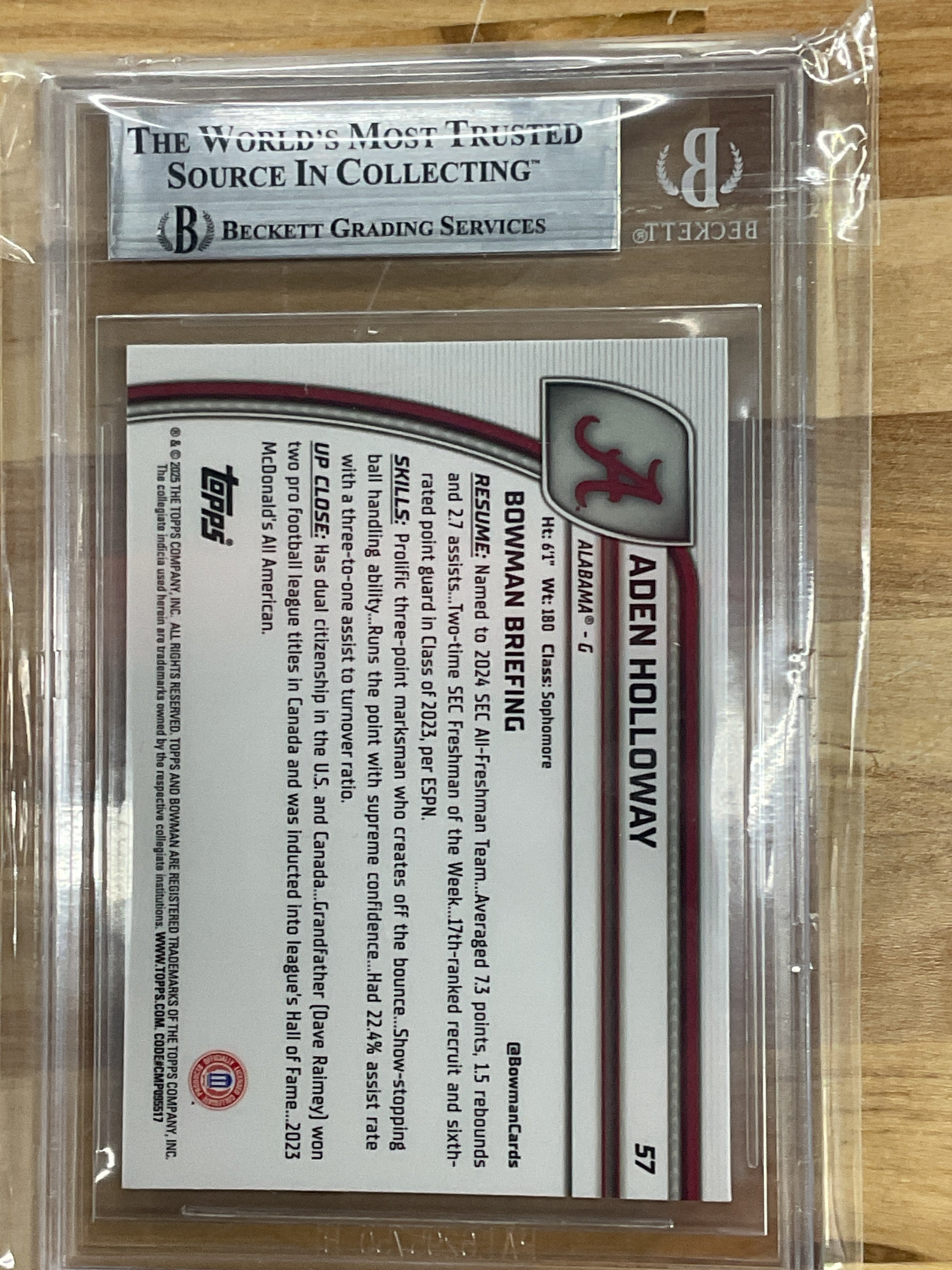 2024-25 Bowman U Chrome Aden Holloway Rookie BGS 9 Alabama