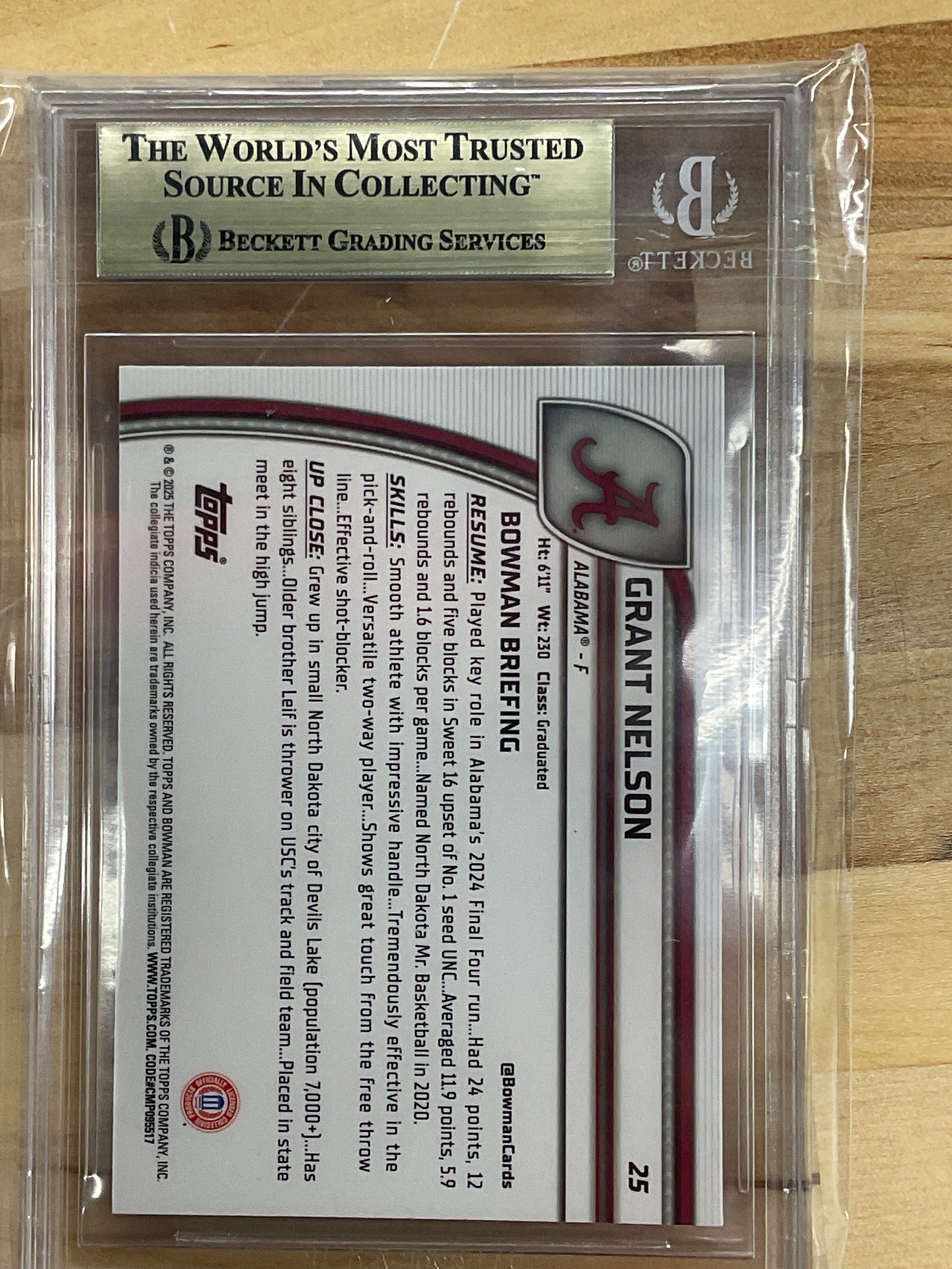 2024-25 Bowman U Chrome Grant Nelson Rookie BGS 9.5 Alabama