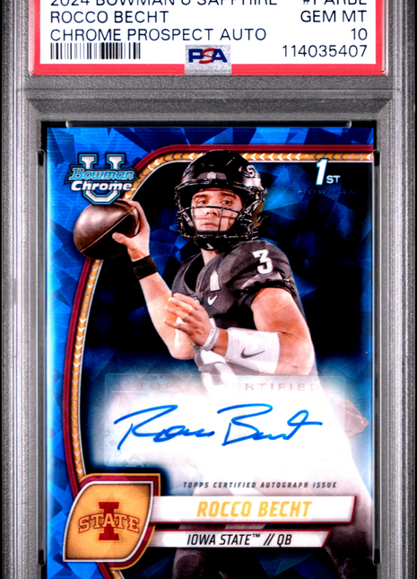2024 Bowman University Chrome Bowman Chrome Sapphire Prospect Autographs Rocco Becht #PARBE PSA 10