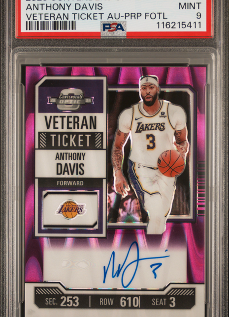 2023 Panini Contenders Optic Veteran Ticket Autographs Anthony Davis PRP Fotl #VTATD PSA 9