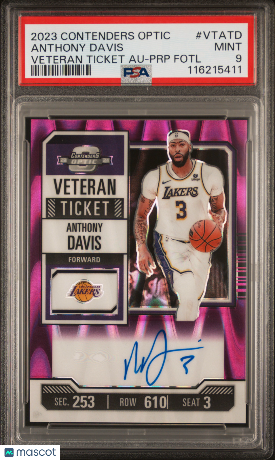 2023 Panini Contenders Optic Veteran Ticket Autographs Anthony Davis PRP Fotl #VTATD PSA 9