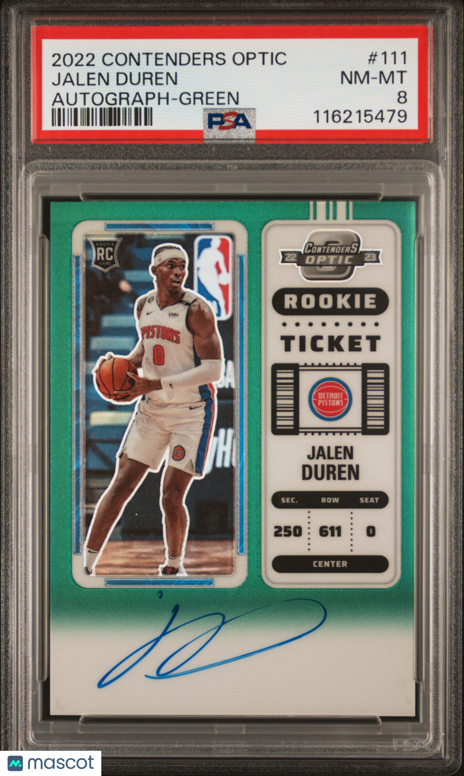 2022 Panini Contenders Optic Jalen Duren Autograph Green #111 PSA 8