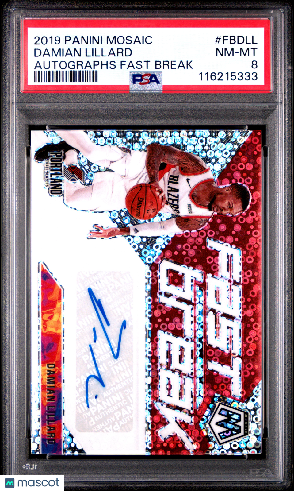 2019 Panini Mosaic Autographs Fast Break Damian Lillard #FBDLL PSA 8