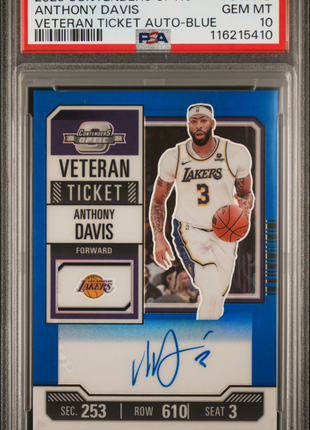 2023 Panini Contenders Optic Veteran Ticket Autographs Anthony Davis Blue #VTATD PSA 10