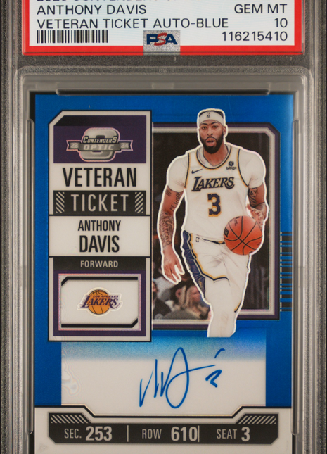 2023 Panini Contenders Optic Veteran Ticket Autographs Anthony Davis Blue #VTATD PSA 10
