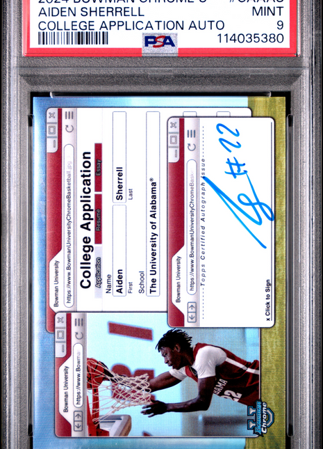 2024 Bowman Chrome University College Application Autographs Aiden Sherrell #CAAAS PSA 9