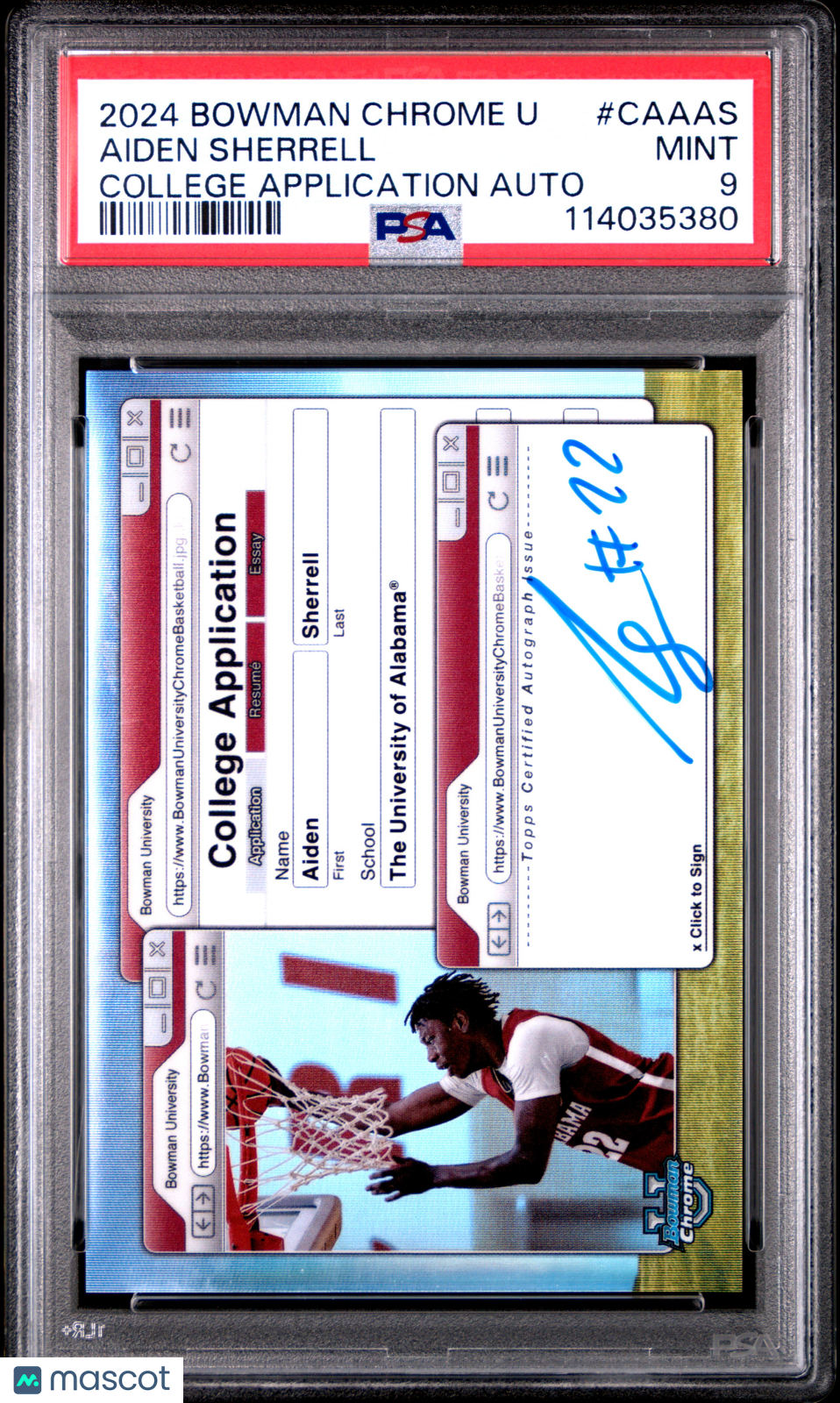 2024 Bowman Chrome University College Application Autographs Aiden Sherrell #CAAAS PSA 9