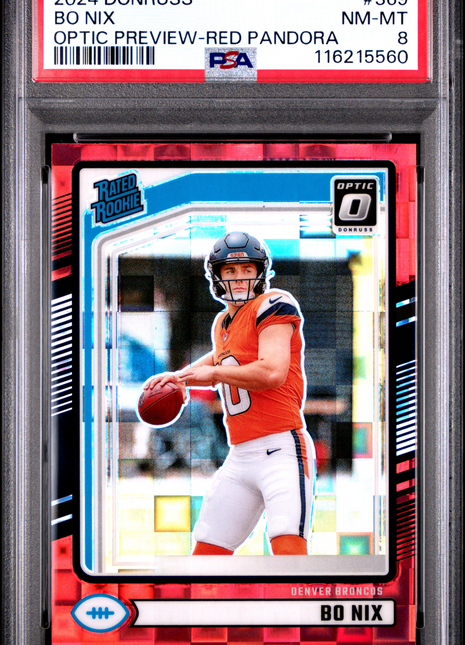 2024 Panini Donruss Bo Nix Optic Preview Red Pandora #369 PSA 8