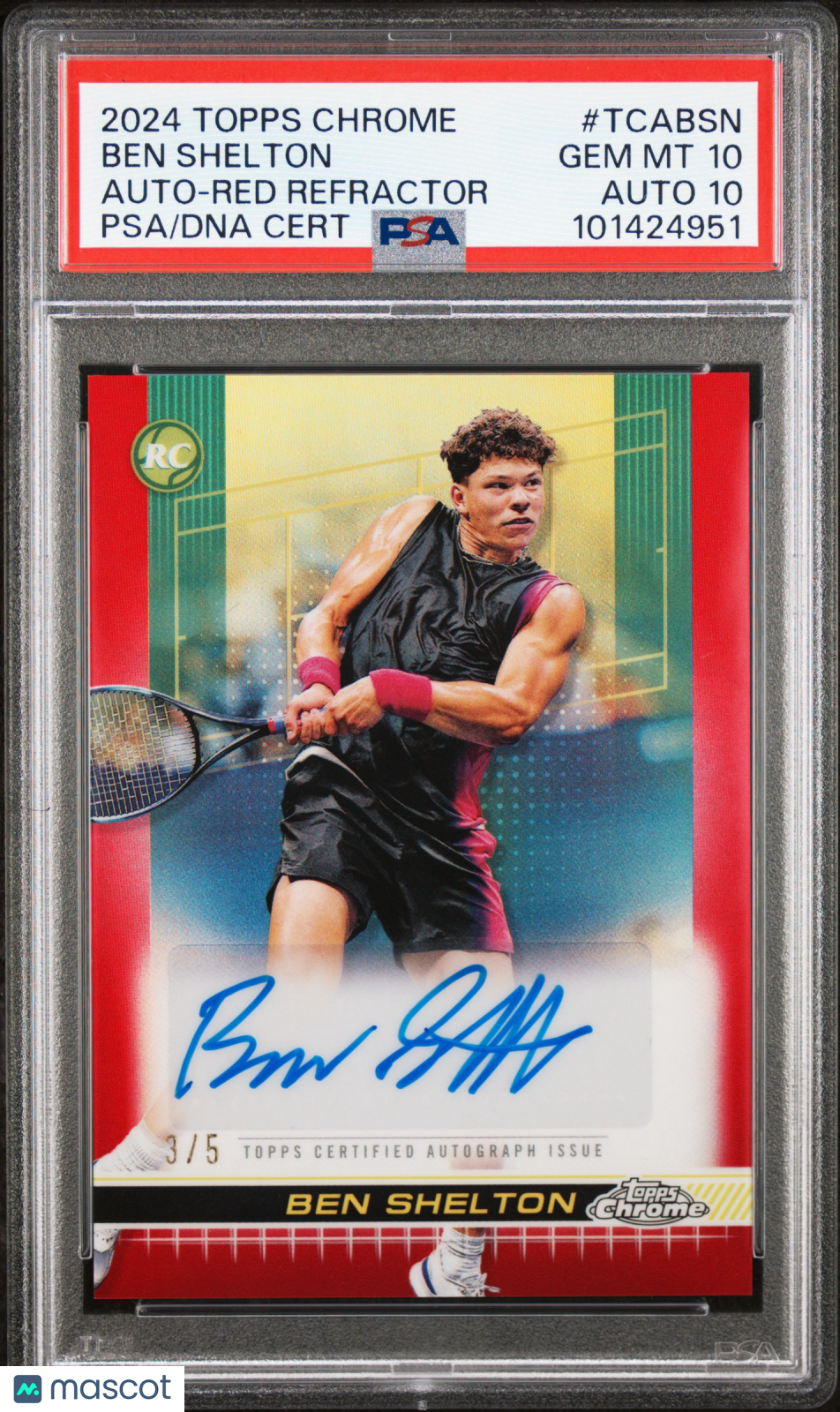 2024 Topps Chrome Tennis Autographs Ben Shelton Red Refractor #TCABSN / 5 PSA 10