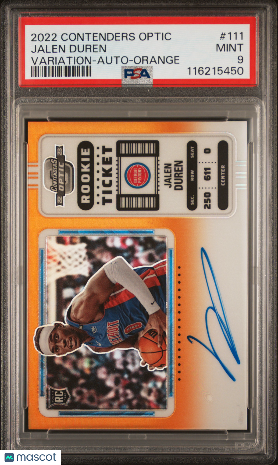 2022 Panini Contenders Optic Jalen Duren Variation Auto Orange #111 PSA 9
