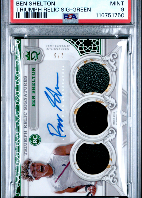 2024 Topps Royalty Tennis Triumph Relic Signatures Ben Shelton Green #BS 2 / 5 PSA 9