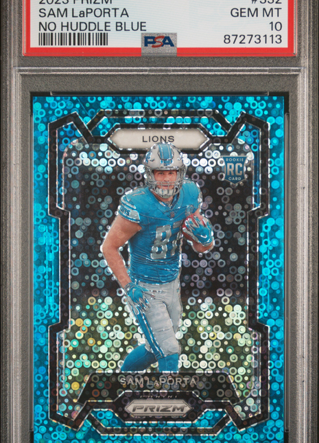 2023 Panini Prizm Sam Laporta No Huddle Blue #332 PSA 10