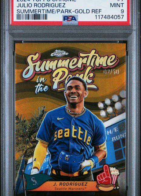 2024 Topps Chrome Summertime In The Park Julio Rodriguez Gold Ref #7 02/50 PSA 9